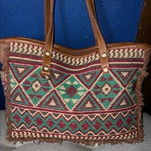 Myra geometric pattern Brown and Green Tote Bag